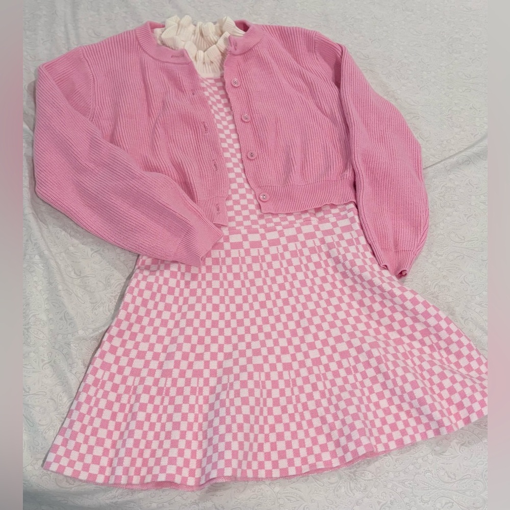 Pink Checkered Dress with Cardigan